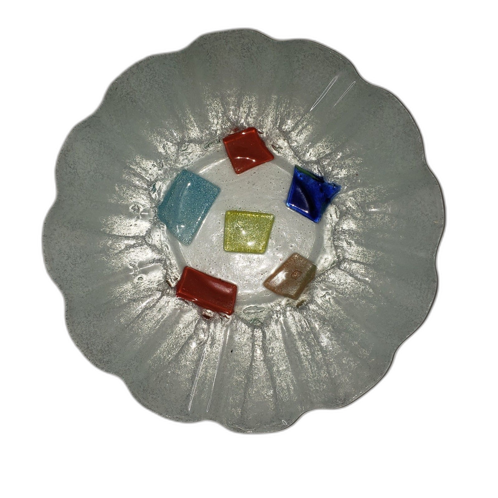 Art Glass Shallow Bowl Ruffled Top Fused Candy Dish Ashtray 8.5"